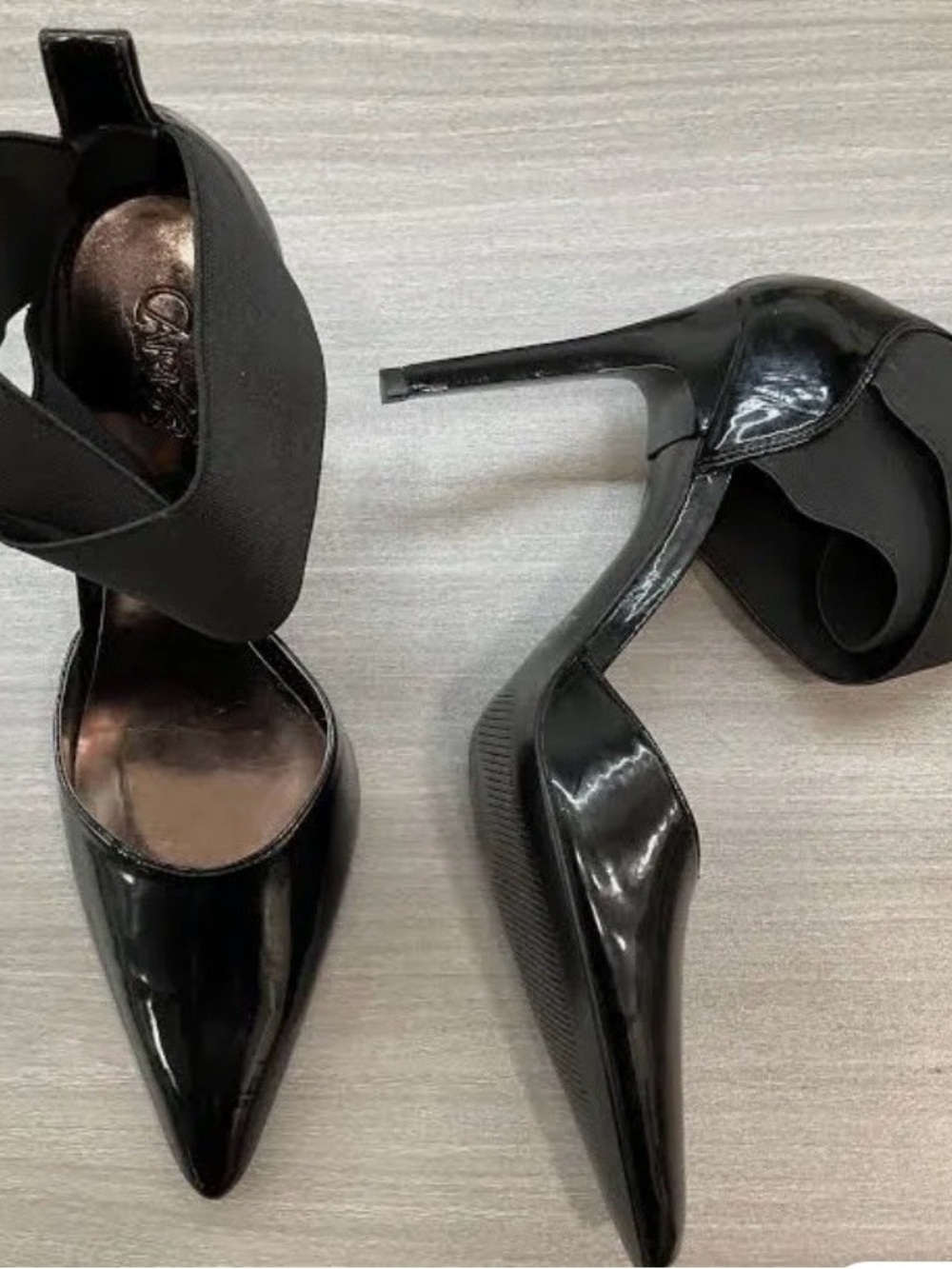 Carlos Santana Black Patent Pointed Toe Stiletto Pumps with Ankle Cuff